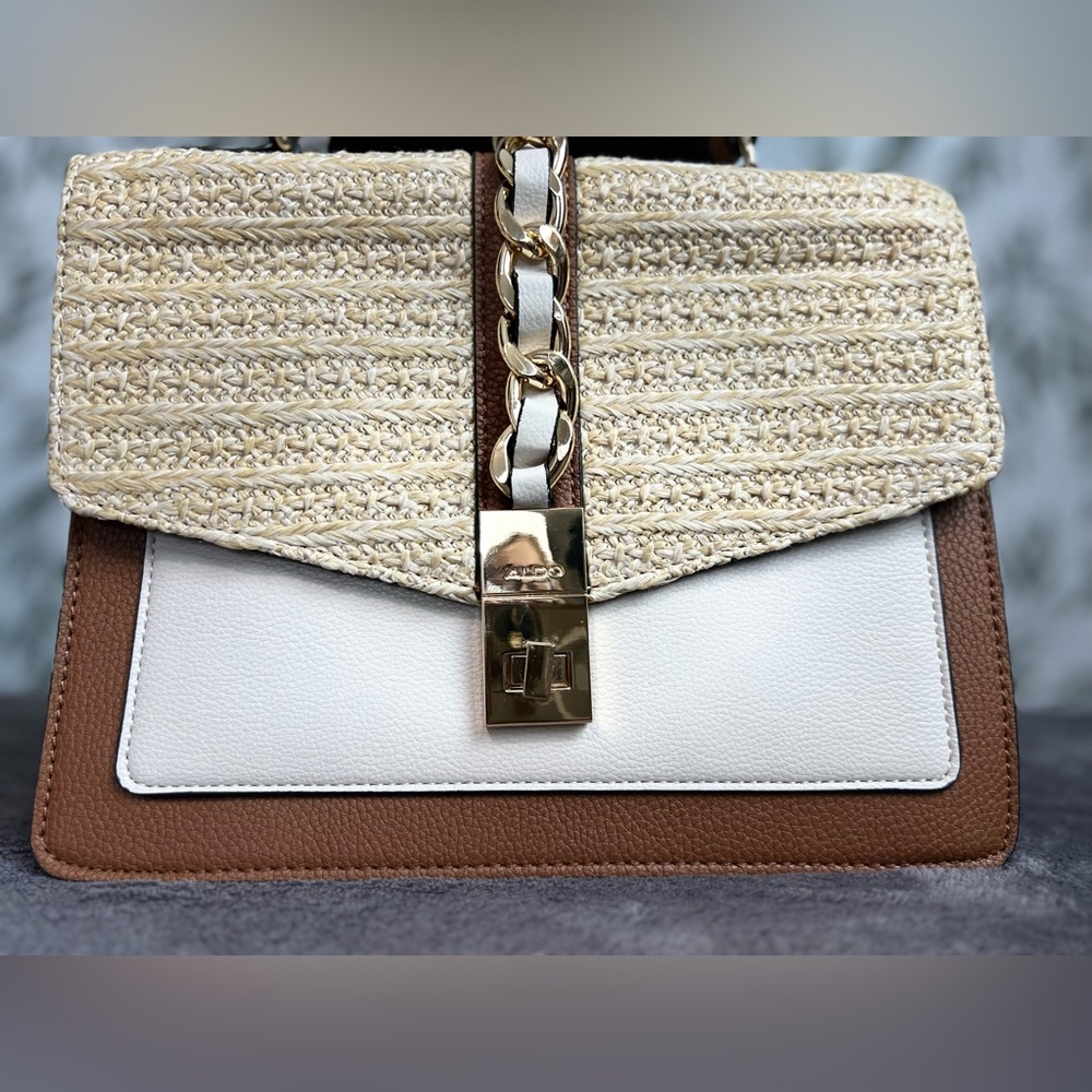 ALDO with Brown/Cream Flap Closure Top Handle Crossbody Strap Gold Hardware Bag - Picture 2 of 13